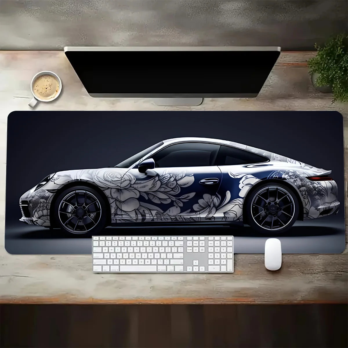 Large White Sports Car Design Gaming Mouse Pad Anti-Slip Rubber Base Extended Desk Mat for Gamer Office Use Computer Accessories