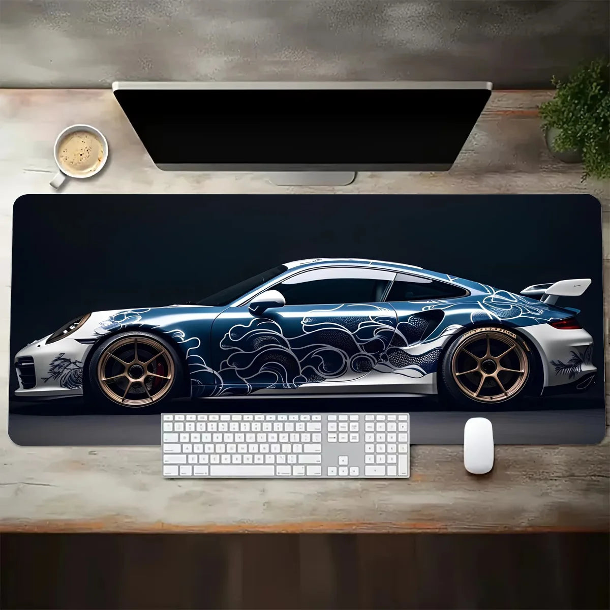 Large White Sports Car Design Gaming Mouse Pad Anti-Slip Rubber Base Extended Desk Mat for Gamer Office Use Computer Accessories